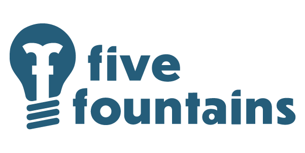 Image of a blue light bulb outline to the left of the words five fountains also in all blue